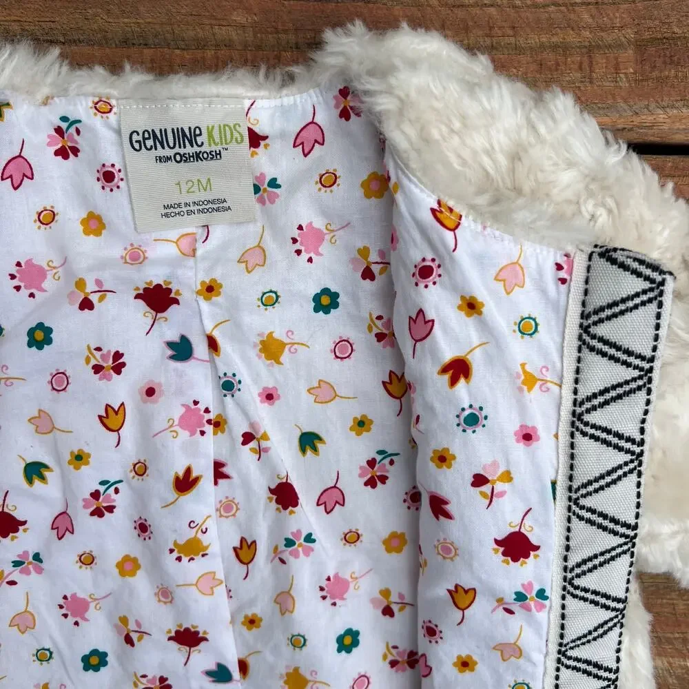 Genuine Kids OshKosh Faux Fur Baby Coat 12M Cream Floral Lined Toddler Jacket
